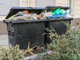 Two garbage dumpsters full of garbage and garbage bags are waiting to be picked up by the garbage...