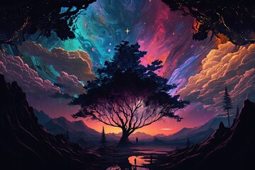 Fototapeta premium Different Galaxy Tree view With Huge Planets Wallpaper, Art, Galaxy, Colourful, Generative AI