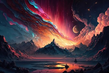 Fantasy Mountains River Moonlight Wallpaper, Art, Colourful, Galaxy, Dreamy, Generative AI