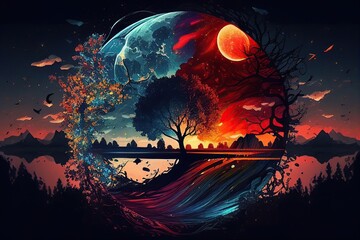 Different Galaxy Tree view With Huge Planets Wallpaper, Art, Galaxy, Colourful, Generative AI