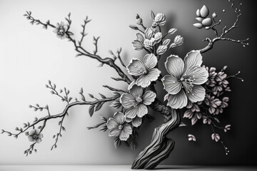 close-up macro shot of a monochrome handmade plasticine clay model of a Japanese bonsai tree with strong branches and beautiful sakura cherry blossoms on a dark background (generative ai)