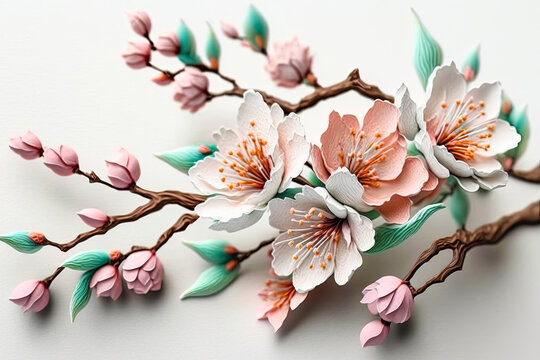 close-up macro shot of a colorful handmade plasticine clay model of a Japanese bonsai tree with strong branches and beautiful pink sakura cherry blossoms, isolated  on a white background (generative a