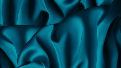 Blue green silk satin fabric. Teal color elegant background. Liquid wave or silk wavy folds....