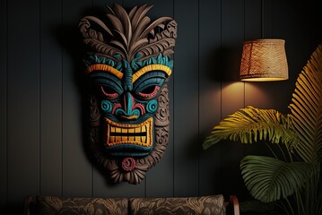 Mask of the ethnic folk tiki from Tahiti, hung on the wall against a gloomy backdrop. Generative AI