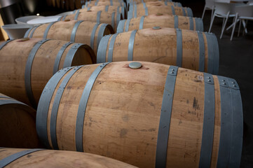 Rows of french and american oak barrels in cellars of winery in Rioja wine making region, Spain