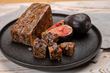 Dark dried figs bread with chocolate, sweet dessert, pairing with Dutch old cheeses