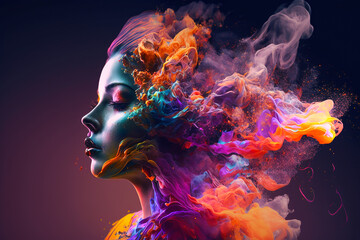 Portrait of a woman surrounded with colorful smoke. AI generated image - obrazy, fototapety, plakaty