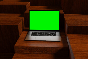 3d render illustration of apple macbook pro mockup ui app website display interface mobile stone wooden stage wood background isolated premium minimalist green screen design