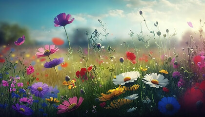 Obraz na płótnie Canvas Colorful flower meadow in spring, ai art illustration 