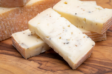 Italian cheese collection, yellow taleggio cheese with black truffles mushrooms