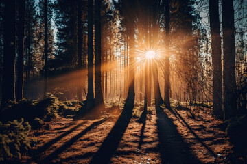 the sun is shining through the trees in the forest, lens flare, flickering light, art illustration 