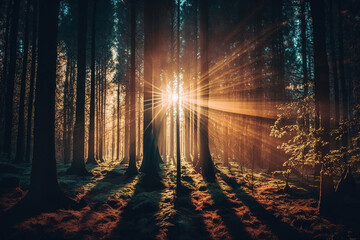 the sun is shining through the trees in the forest, lens flare, flickering light, art illustration 