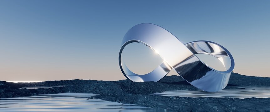 3d Rendering, Abstract Surreal Background With Geometric Infinity Shape, Minimalist Zen Scenery, Panoramic Seascape Wallpaper. Calm Water, Black Seashore, Chrome Moebius Loop And Blue Gradient Sky