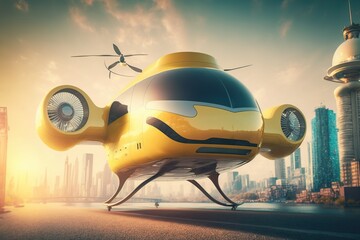 Naklejka na ściany i meble Future of urban air mobility, city air taxi, UAM urban air mobility, Public aerial transportation, Passenger Autonomous Aerial Vehicle AAV in futuristic city. Generative AI.
