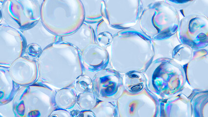 3d render, abstract background with air bubbles, sparkling water drops macro, hydration jelly balls