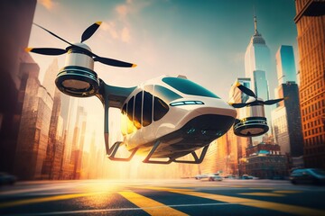 Future of urban air mobility, city air taxi, UAM urban air mobility, Public aerial transportation, Passenger Autonomous Aerial Vehicle AAV in futuristic city. Generative AI.