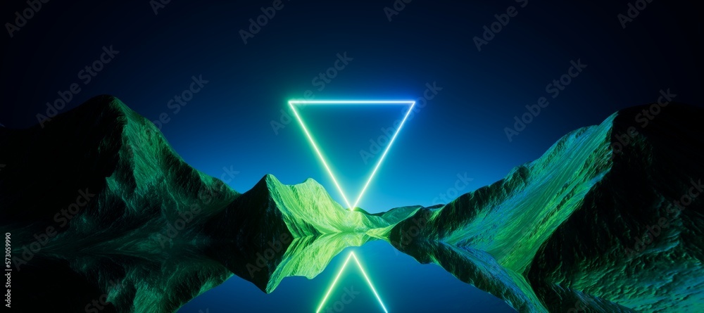 Canvas Prints 3d render, abstract neon background with triangular geometric frame and extraterrestrial landscape under the night sky. Rocks and water reflection. Futuristic minimalist wallpaper