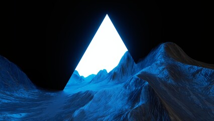 3d render, abstract virtual landscape with blue rocks and mountains. Surreal wallpaper, fantastic...