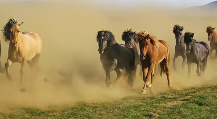 Herd of running wild multicolored  icelandic horses raising up cloud of dust - Iceland, Highlands