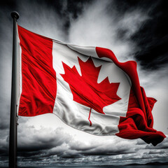 Canadian flag waving in the wind. Ai Generated.