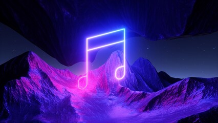 3d render. Abstract neon background. Fantastic landscape with glowing musical notes symbol and...