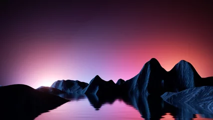 Abwaschbare Fototapete 3d render, abstract landscape background. Panoramic scenery. Seascape with calm water and mountains under the pink blue sky, fantasy wallpaper © wacomka