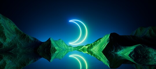 3d render, abstract futuristic background. Neon crest sign, moon symbol glowing in the dark night, extraterrestrial landscape. Rocks and water reflection. Modern fantastic wallpaper