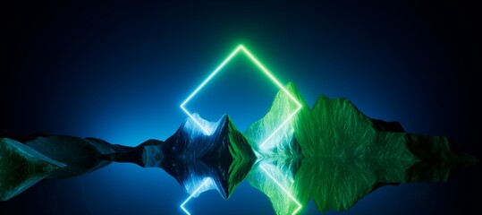 3d render, abstract neon background with rhombus geometric shape, square frame and extraterrestrial...