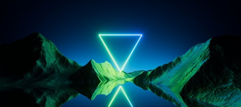 3d render, abstract neon background with triangular geometric frame and extraterrestrial landscape under the night sky. Rocks and water reflection. Futuristic minimalist wallpaper