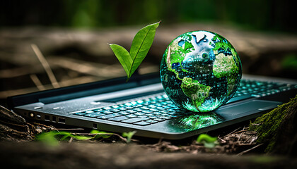 Technology with the concept of nature. Laptop keyboard with green globe. Efficient technology. Digital sustainability. Environmentally friendly technology, sustainable development goals generated AI.