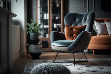 Obraz premium Stylish interior of living room with design leather armchair
