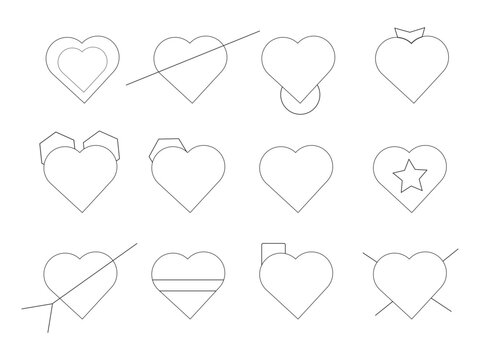 set of hearts. Heart outline drawing set isolated on white background. heart shaped confetti. heart made of colorful beads. heart made of colorful confetti. clip art heart clipart. 