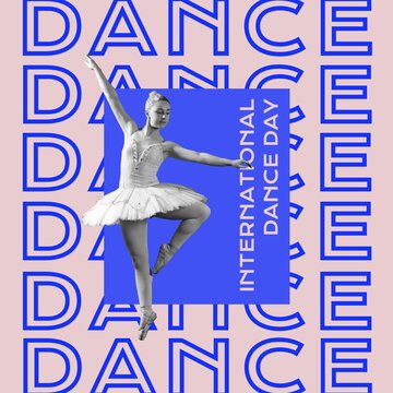 Composition of international dance day text over caucasian ballet dancer dancing on beige background