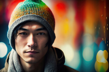 Asian man wearing colorful beanie cap, generative Ai