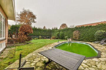 a backyard with a pool in the middle and green grass on the other side of the pool is surrounded by...