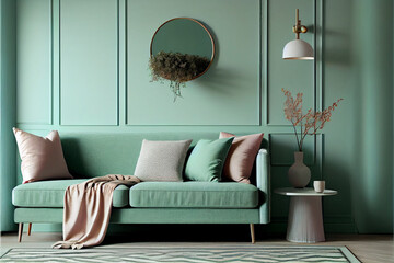Modern and luxurious living room with mint green walls and mint green comfortable sofa | Interior design of a living room | Mint green theme | Generative Ai | Photorealism | Indoor décor