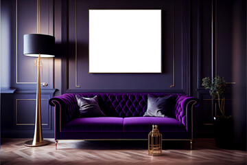 Mockup of a big blank wide picture frame on the wall of a living room with long purple sofa and pillows in contemporary style | Purple grapes theme | Interior design | Interior décor | Generative Ai