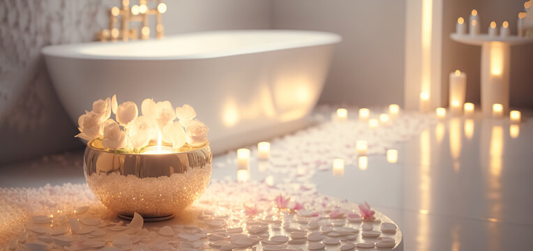 White stone bath in modern bokeh bathroom with rose petals and candles. Romantic Atmosphere, Burning Scented Candles and rose petals. digital ai art