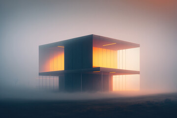 Fototapeta premium Wide-shot of foggy and moody yellow and grey minimalistic Metamorphosis apartment architecture building created with Generative AI Technology 