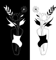 Vector set of women bodies line art illustrations, logos with flowers and leaves, feminine nature concept. Use for prints, tattoos, posters, textile, logotypes, cards etc.