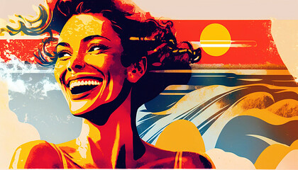 dusty retro risoprint style illustration of beautiful happy woman face on sunset sky background new quality creative travel stock image illustration design, Generative AI