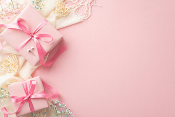 Fototapeta Spring gifts concept. Top view photo of pink present boxes with bows white soft scarf rattan hearts and gypsophila flowers on isolated pastel pink background with empty space obraz