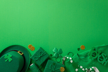 St Patrick's Day concept. Top view photo of green shirt leprechaun hat irish party glasses...