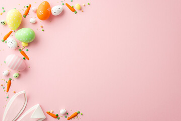 Easter decor concept. Top view photo of colorful eggs easter bunny ears and carrot shaped sprinkles on isolated pastel pink background with copyspace