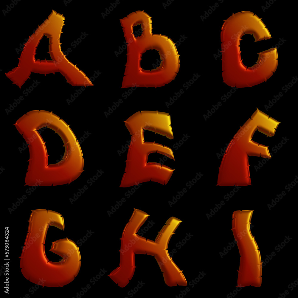 Fototapete 3d rendering of english alphabet. fiery latin letters on a black background