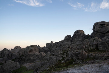 Magical view of the rock massif Los Gigantes in Cordoba Argentina. View of the rocky hills with beautiful texture and pattern, at sunset.