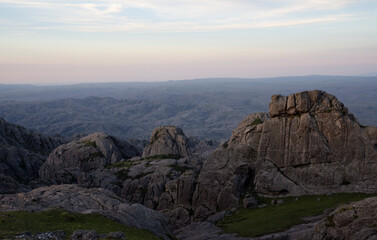 Magical view of the rock massif Los Gigantes in Cordoba Argentina. View of the rocky hills with beautiful texture and pattern, at sunset.