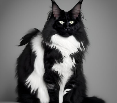 Black and White Maine Coon Cat, Generative AI Illustration