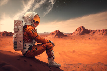 The Martian style astronaut scientist in Mars using space suit Nasa