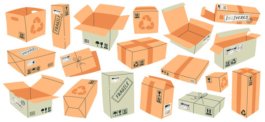 Cartoon cardboard boxes flat icons set. Paper container for packaging products.Delivery paperbox with stickers